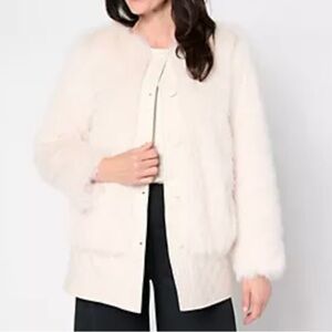 Dennis Basso Long Hair Faux Mink Coat with Faux Leather - size M